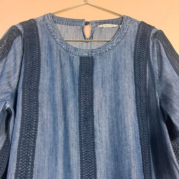 Soft Surroundings Blue Chambray Denim Embroidered Top - Picture 3 of 8